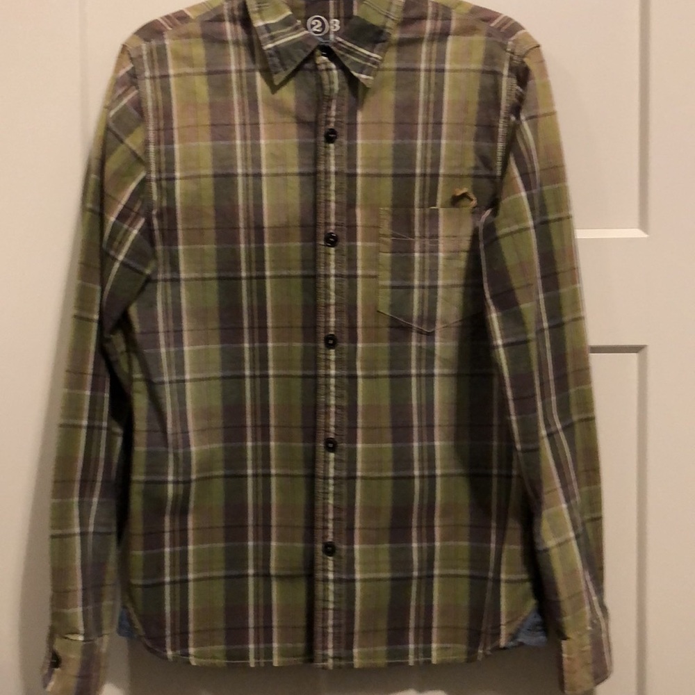 NWT Earnest Sewn Mens Button Down Shirt Green Brown Vertical Stripe Size Medium